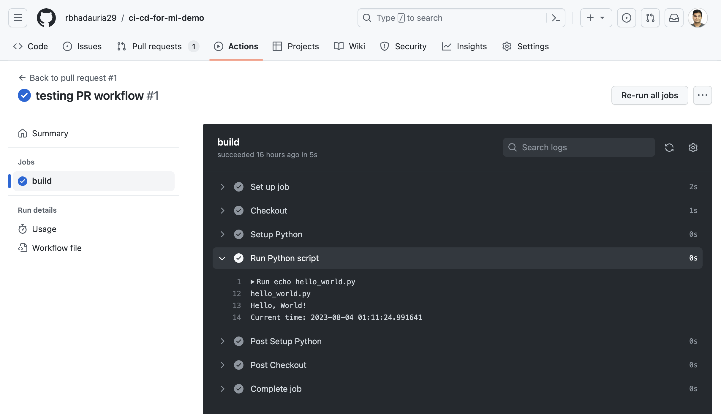 Image of the workflow logs page displaying python script step among other steps