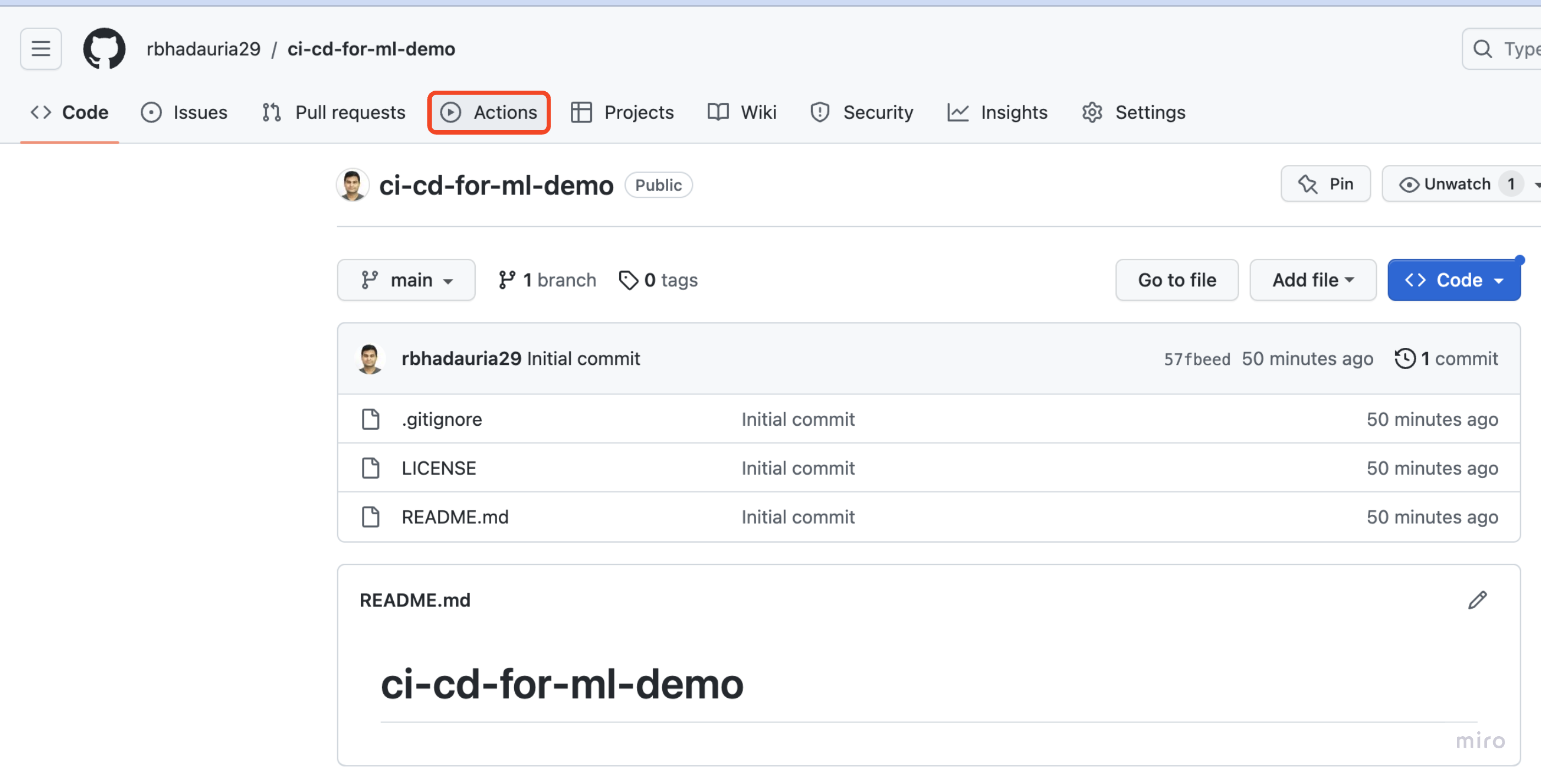 Image highlighting the Actions tab on the repository landing page