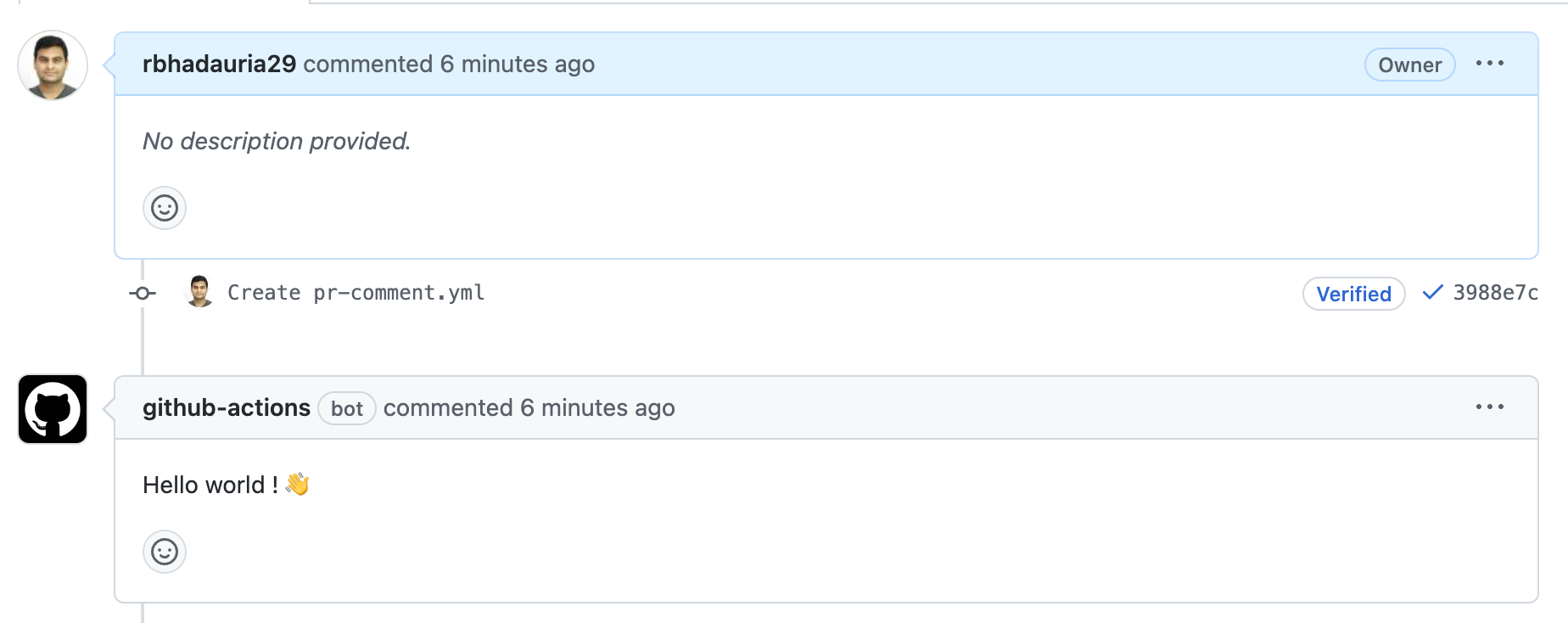 Snippet from pull request page showing automatic comment by the github-actions bot