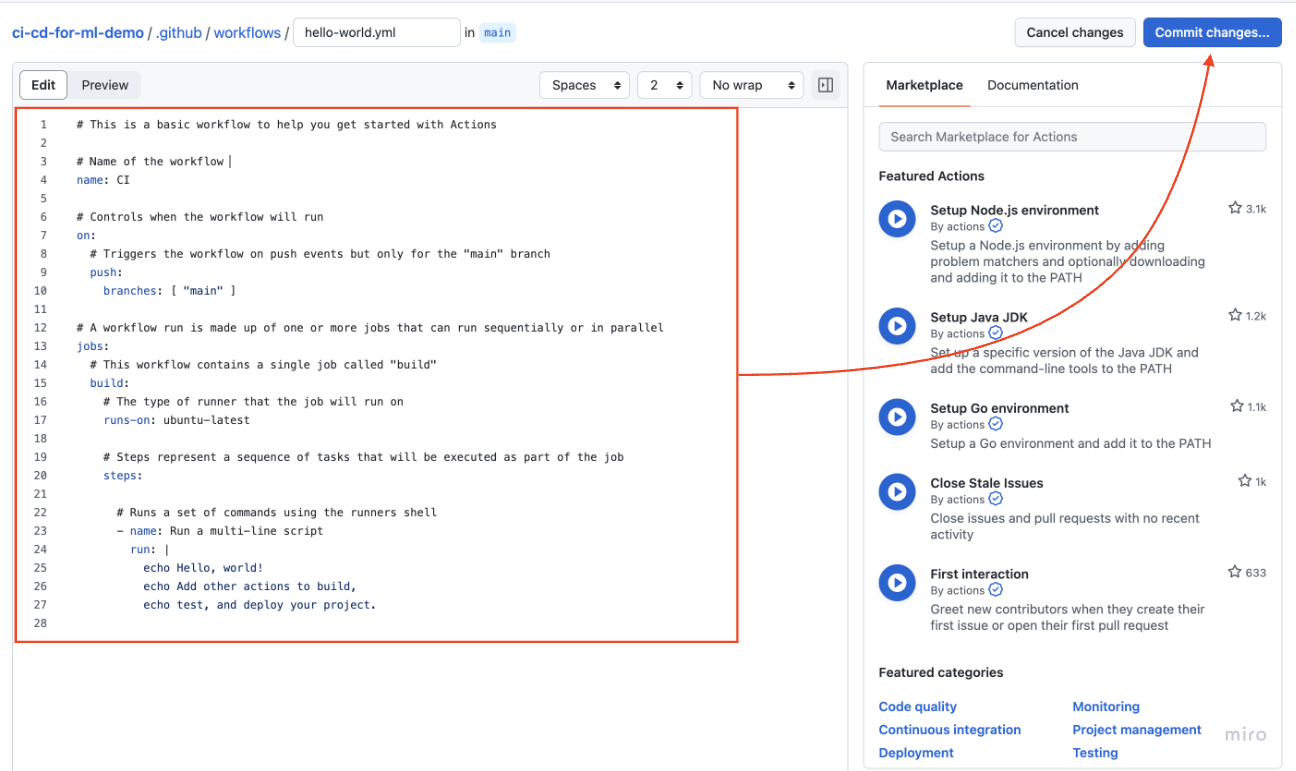 Image of a Hello World Action in the web editor alongside the commit changes button