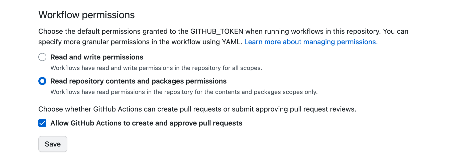 Screenshot of settings page to configure workflow permissions