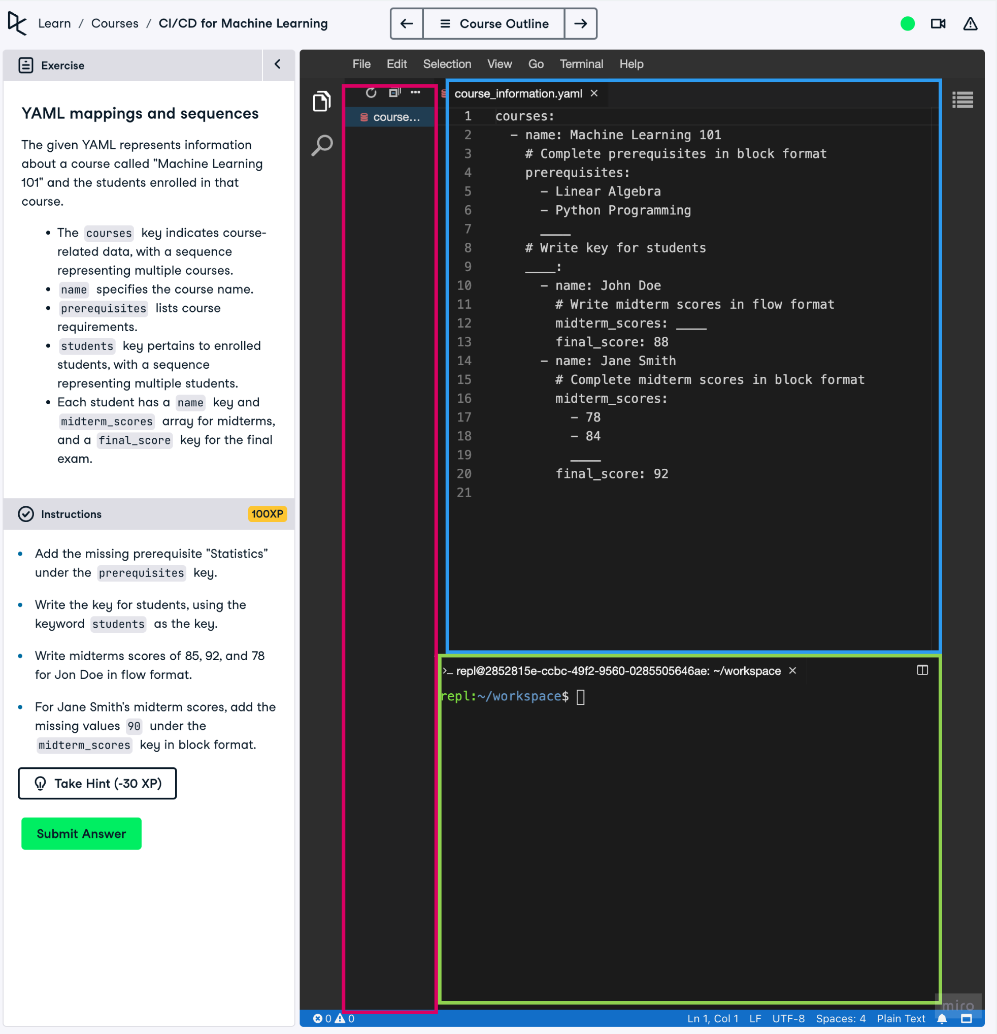 Annotated picture of editor exercise layout displaying folder, file, and terminal area.