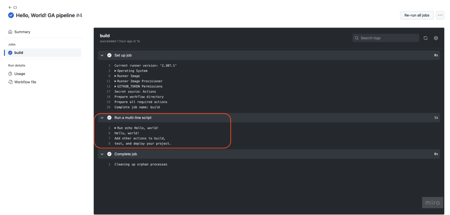 Image of the logs of the successful workflow showing the steps