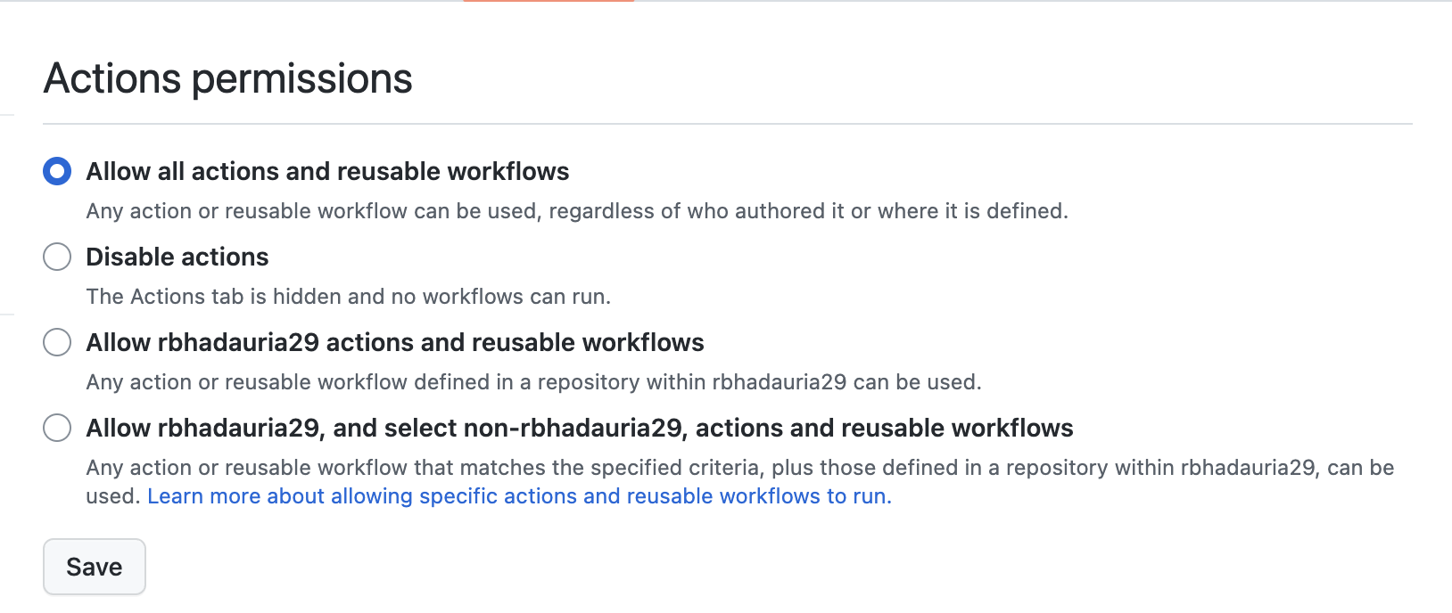 Image of settings page to enable GitHub actions on the repository