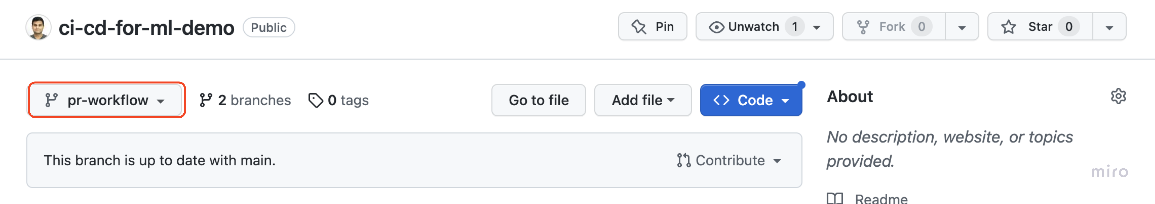 Image of the repository landing page displaying active feature branch