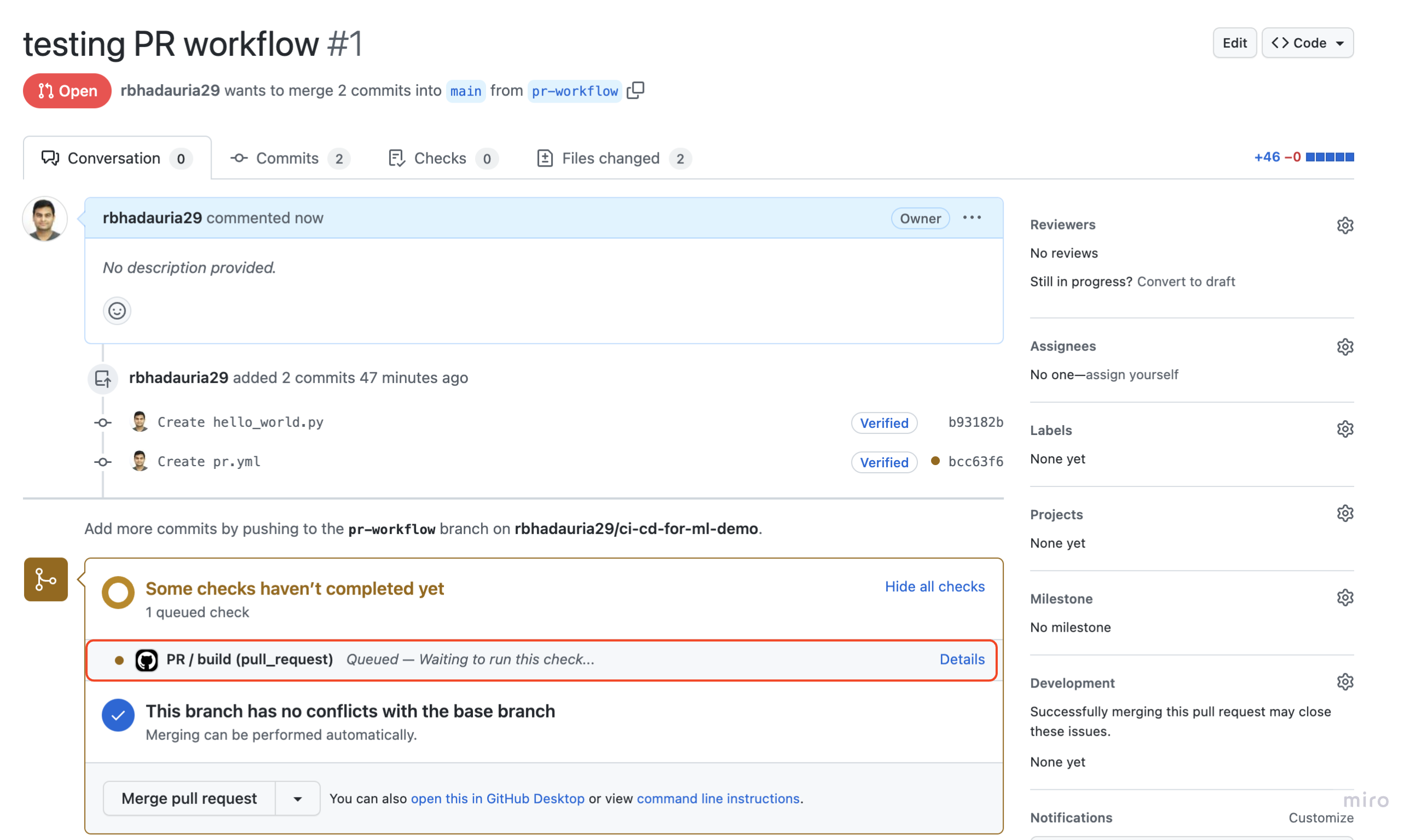 Image of pull request page displaying a running workflow