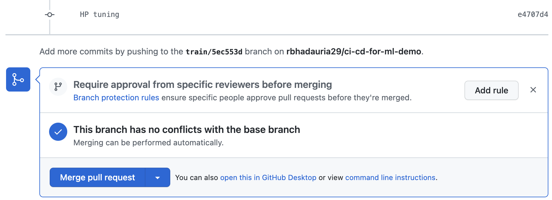 Bottom screenshot of new model training PR created as an outcome of GHA workflow
