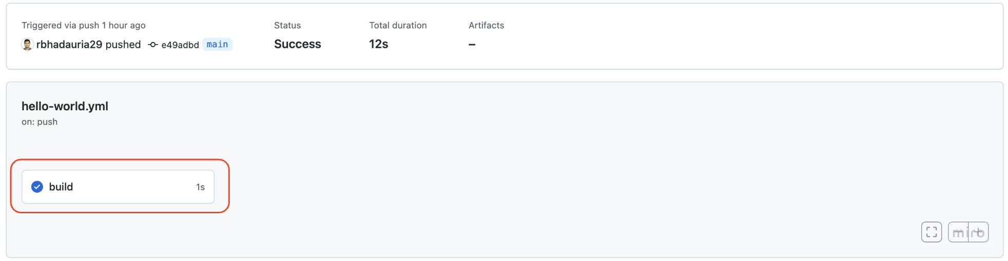 Image of the build step of the successful workflow