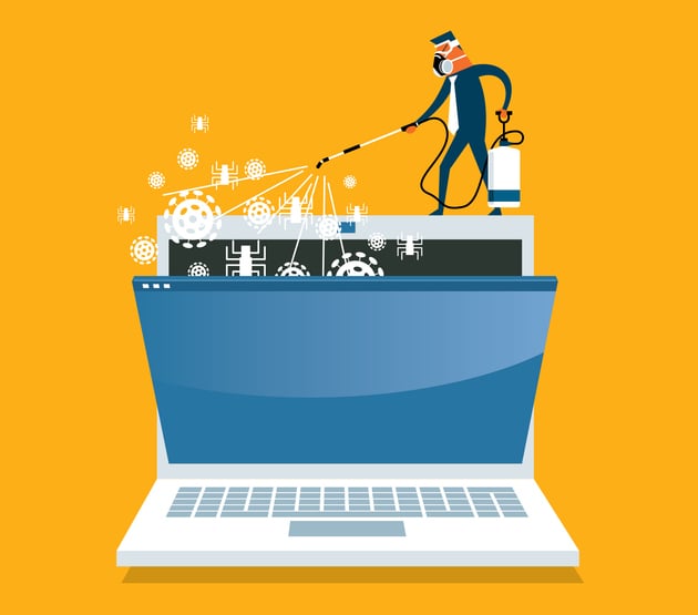 A cartoon image of a laptop and the data inside being cleaned