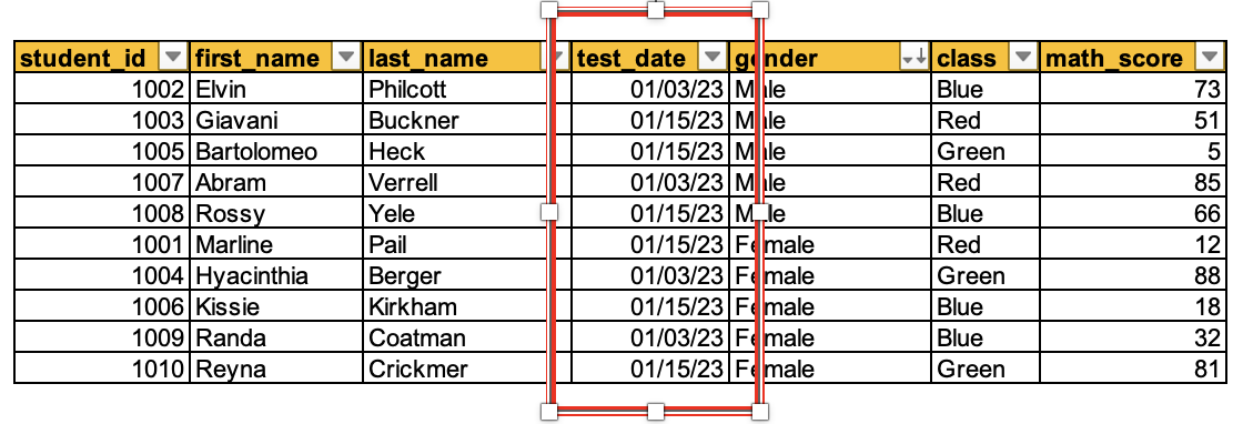 Example of a manually entered table of student test data within Excel with the date column test_date highlighted
