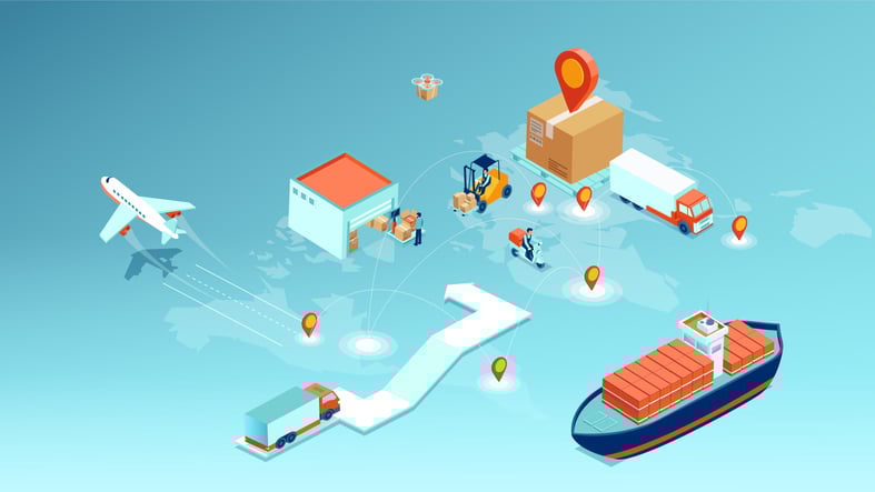 A cartoon image of different supply chain delivery methods and storage facilities.