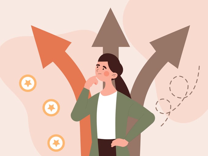 Image of a woman thinking about possible directions or outcomes to take, with three arrows behind her showing different directions.