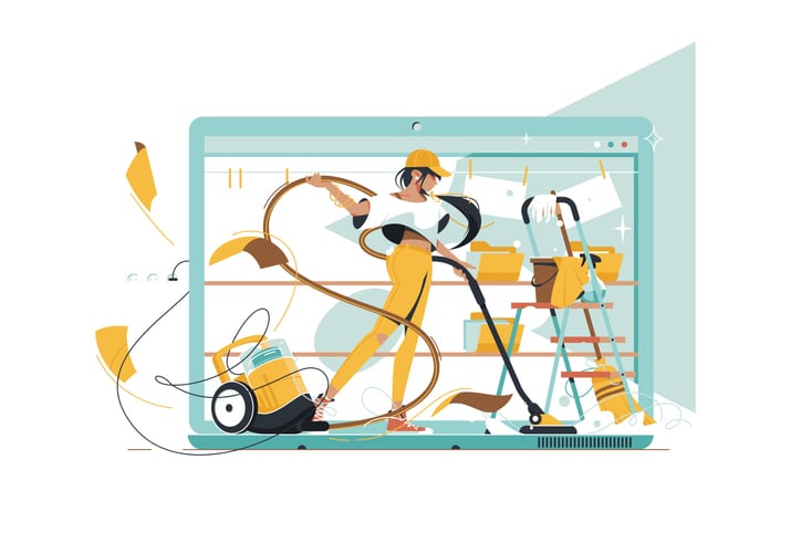 Cartoon image of a woman cleaning and organizing data using household appliances.