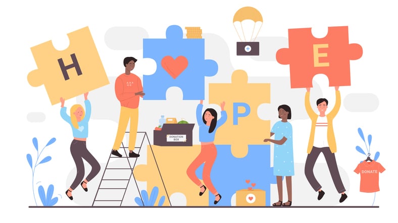 Cartoon image of people using puzzle shapes with letters on to build a word.