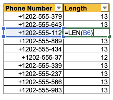 Image showing a table in excel that has phone numbers in one column, and the use of the LEN formula to count and check the length of phone number values inputed