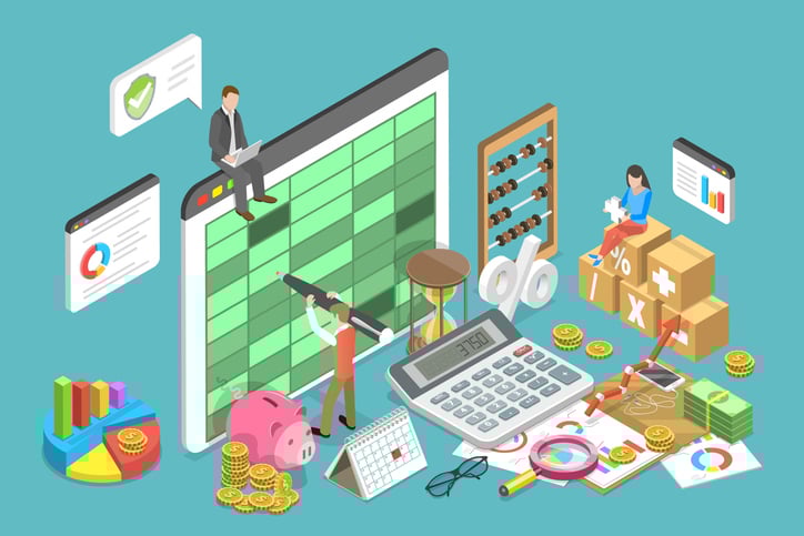 An image of many different financial objects around, and working on a table like grid on a screen.