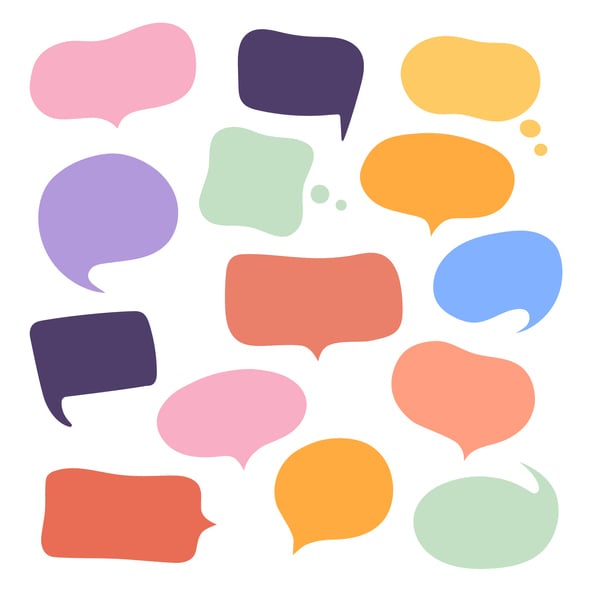 A selection of word clouds and speech bubbles all in different colors.