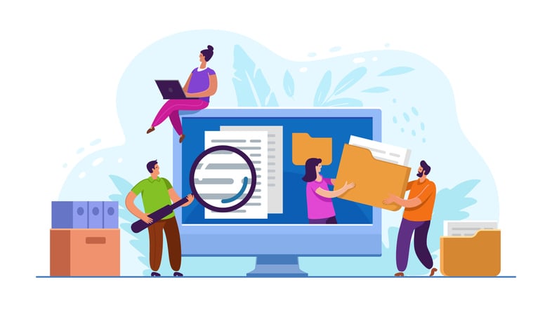 Cartoon image of people loading and transferring files into a computer