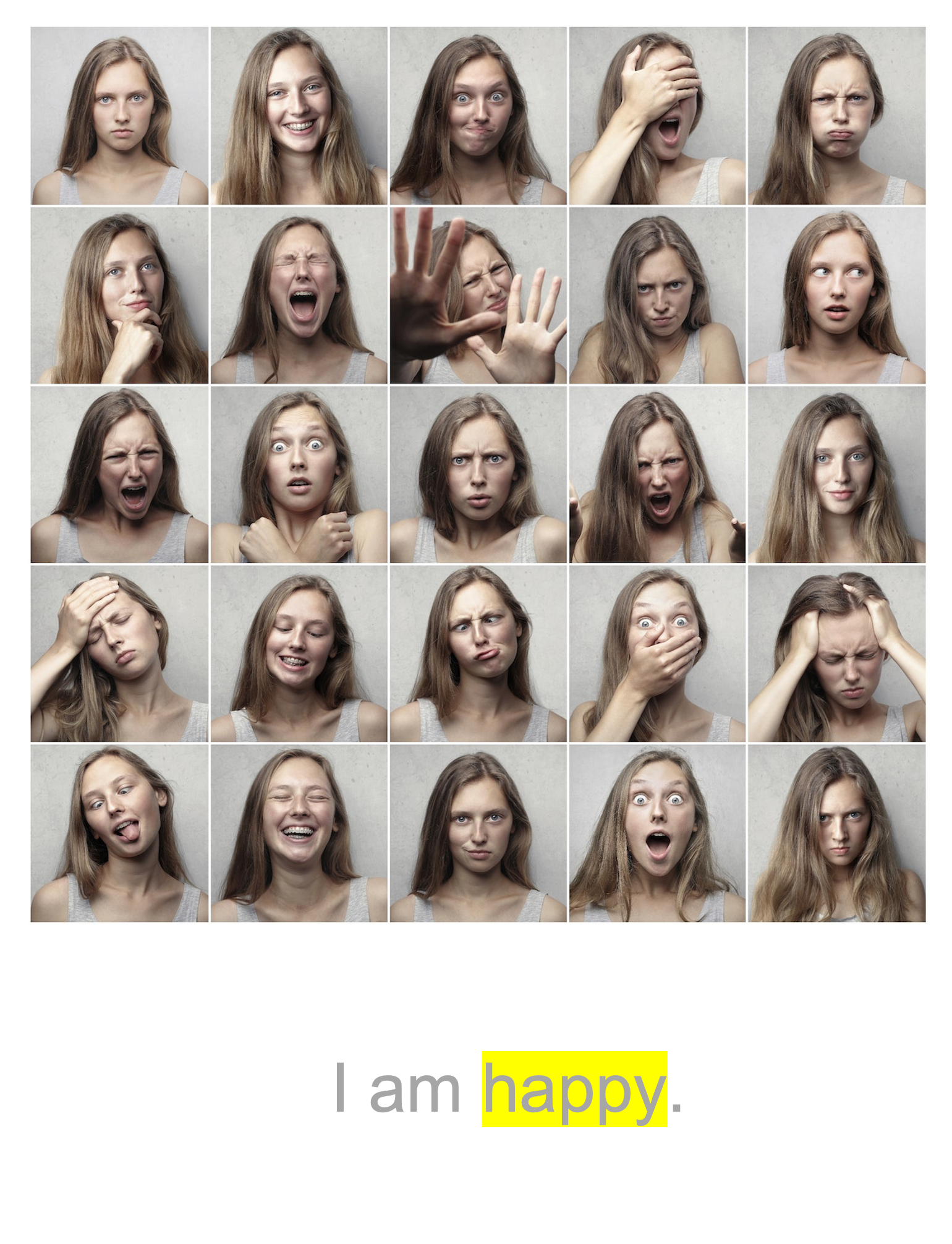 A series of emotions plus the sentence "I am happy" with the word "happy" highlighted.