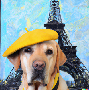 Un perro con sombrero delante de la Torre Eiffel