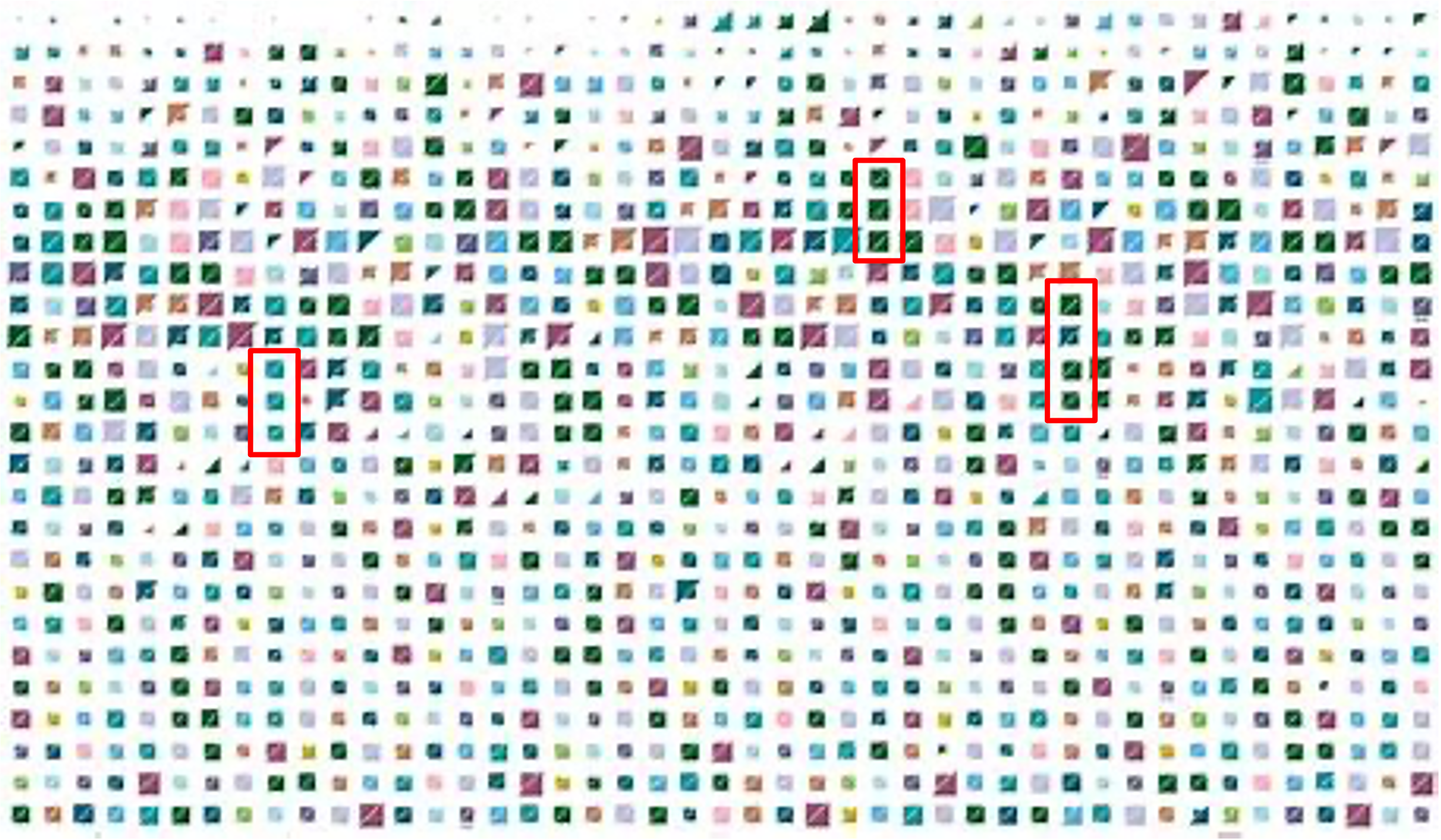 Um mosaico de quadrados coloridos com contornos vermelhos ao redor de vários grupos da mesma cor