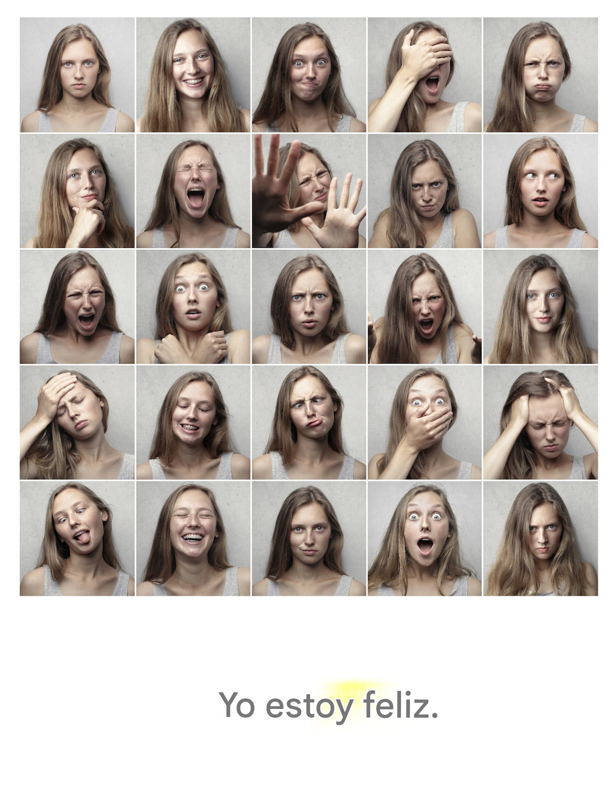Una serie de emociones más la frase "Soy feliz" con la palabra "feliz" resaltada
