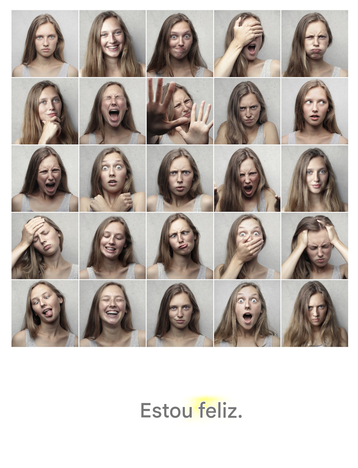 Uma série de emoções mais a frase "I am happy" (Estou feliz) com a palavra "happy" (feliz) destacada