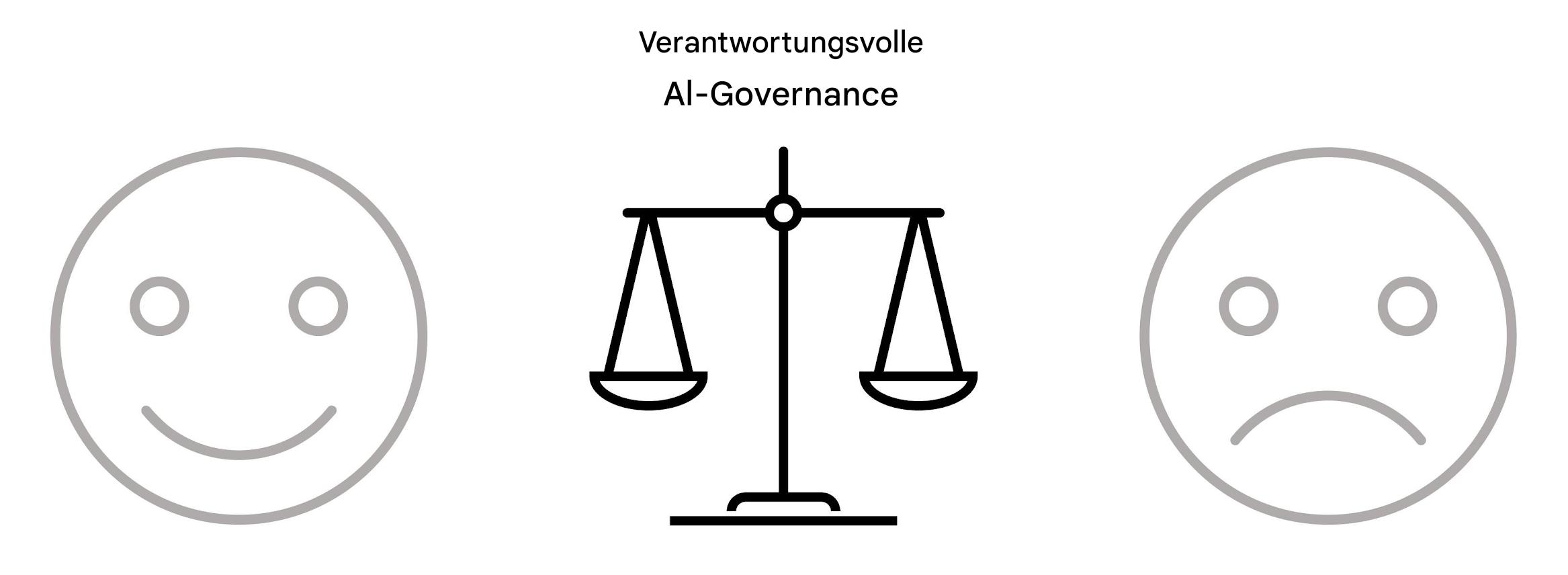 Ein zusätzliches Bild einer Waage mit den Worten „Responsible AI governance“ in der Mitte der beiden Gesichter