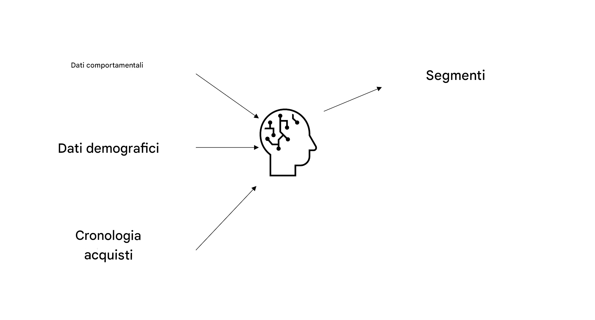 I dati comportamentali, demografici e della cronologia degli acquisti vengono utilizzati nell'intelligenza artificiale e danno origine a segmenti.