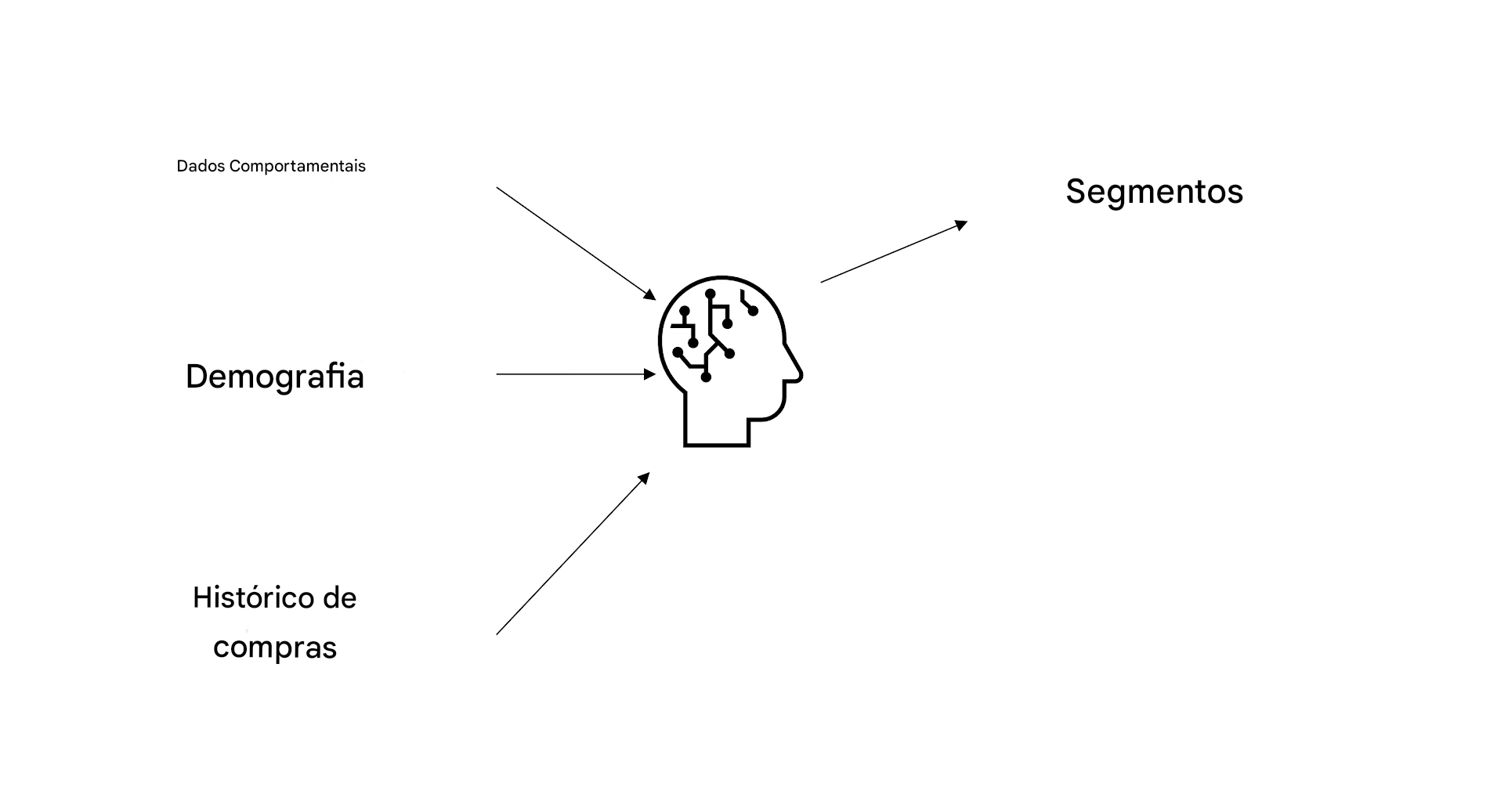 Dados comportamentais, demográficos e de histórico de compras sendo usados em IA, resultando em segmentos