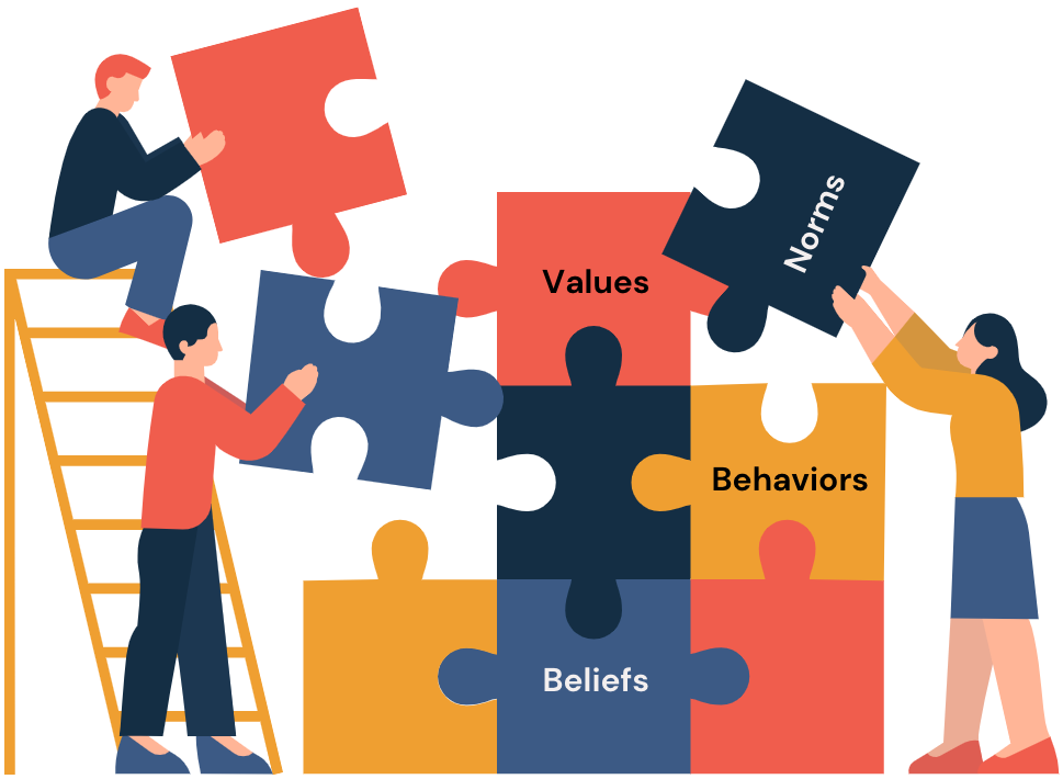 People solving a puzzle with cultural elements