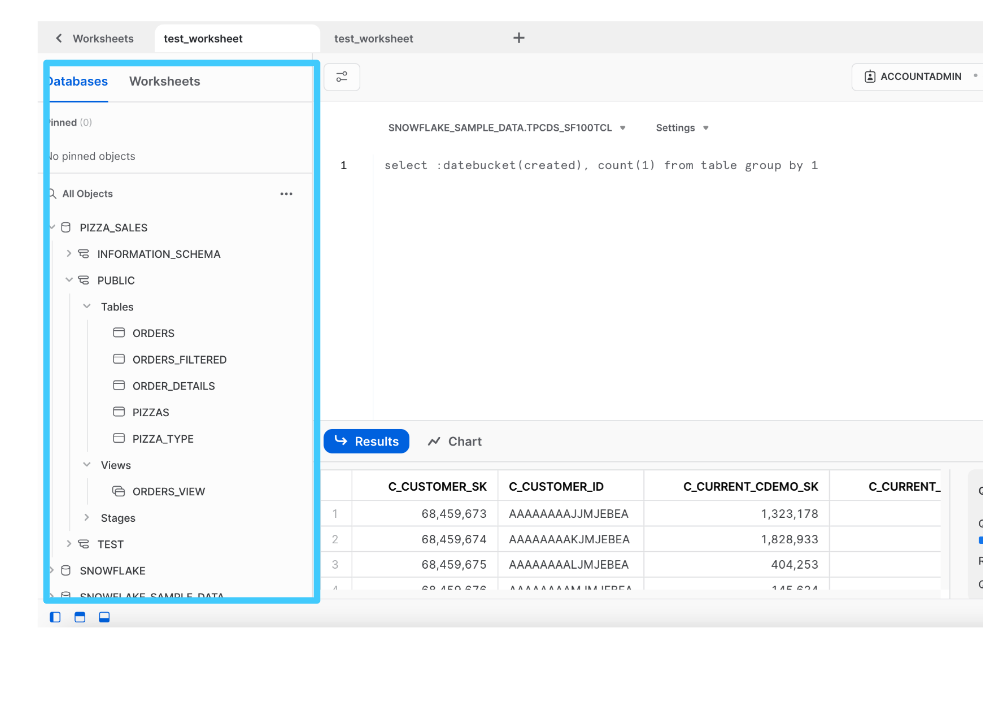 Snowflake Web UI left panel images showing database objects and worksheets