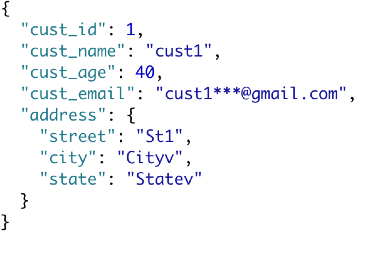 A nested JSON data where address is an object having street, city and state key-value pairs