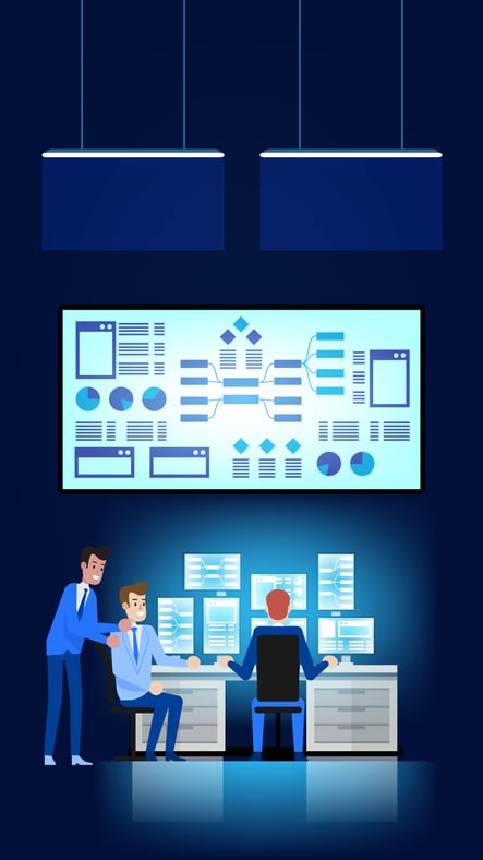Image with a large dashboard and cartoon people at a desk with monitors looking up