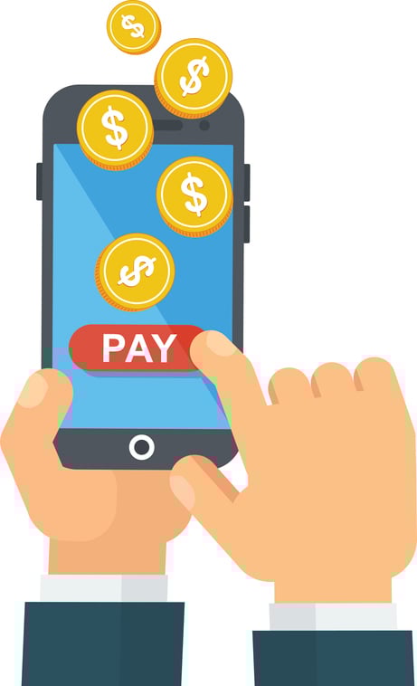 drawing of mobile phone with coins going into a pay button