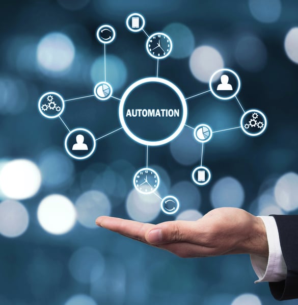 Hand open with virtual icons representing automation floating above