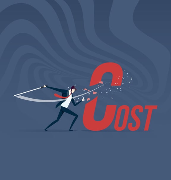 a man with a sword cutting the letter c in the word cost