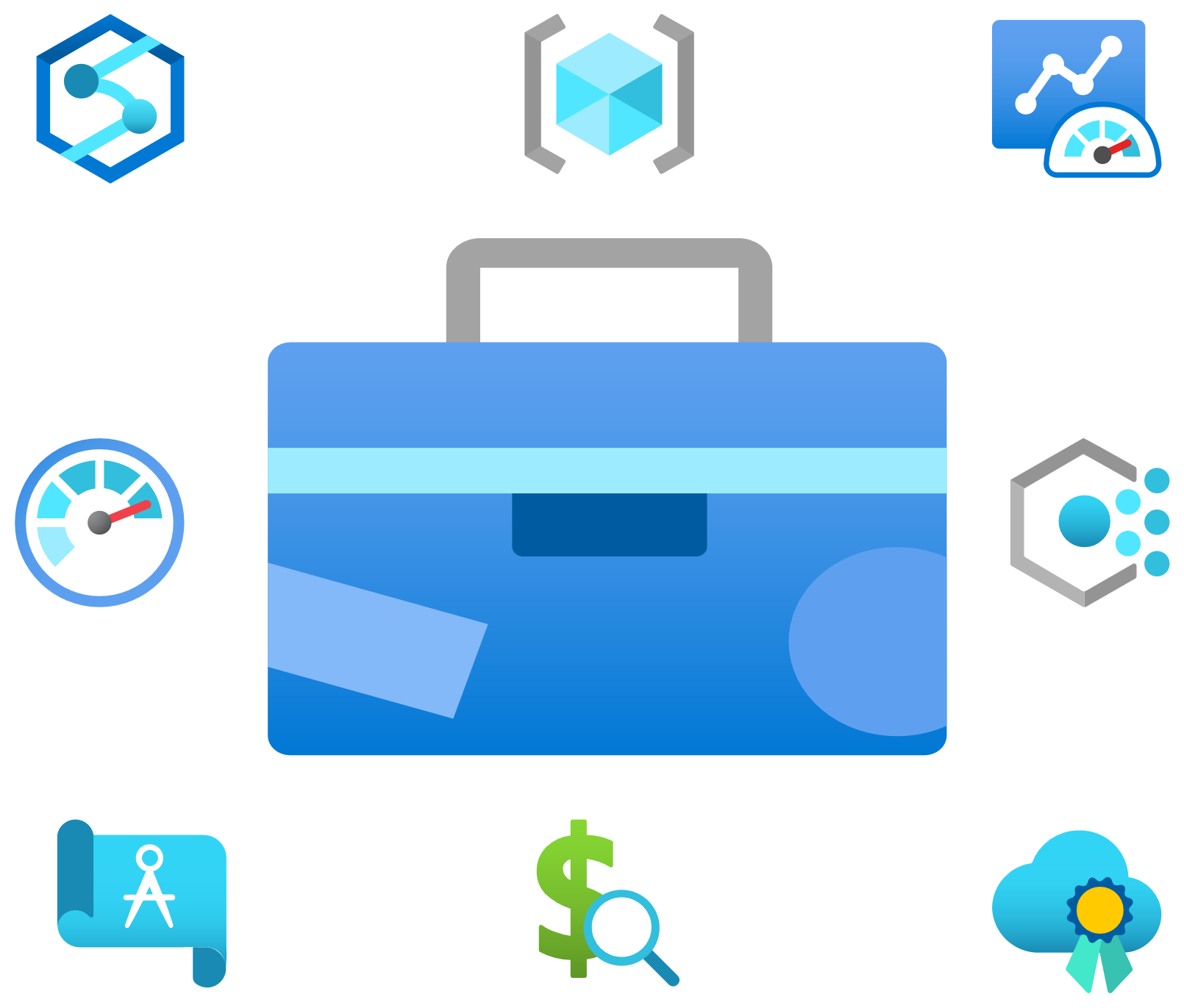Drawing of a toolbox with Icons from Microsoft Azure arrayed around it