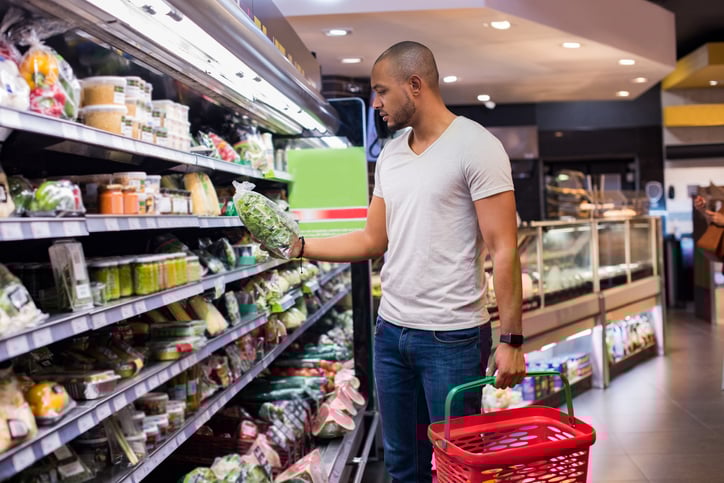 A man purchasing items at a supermarket, holding a basket with all their items