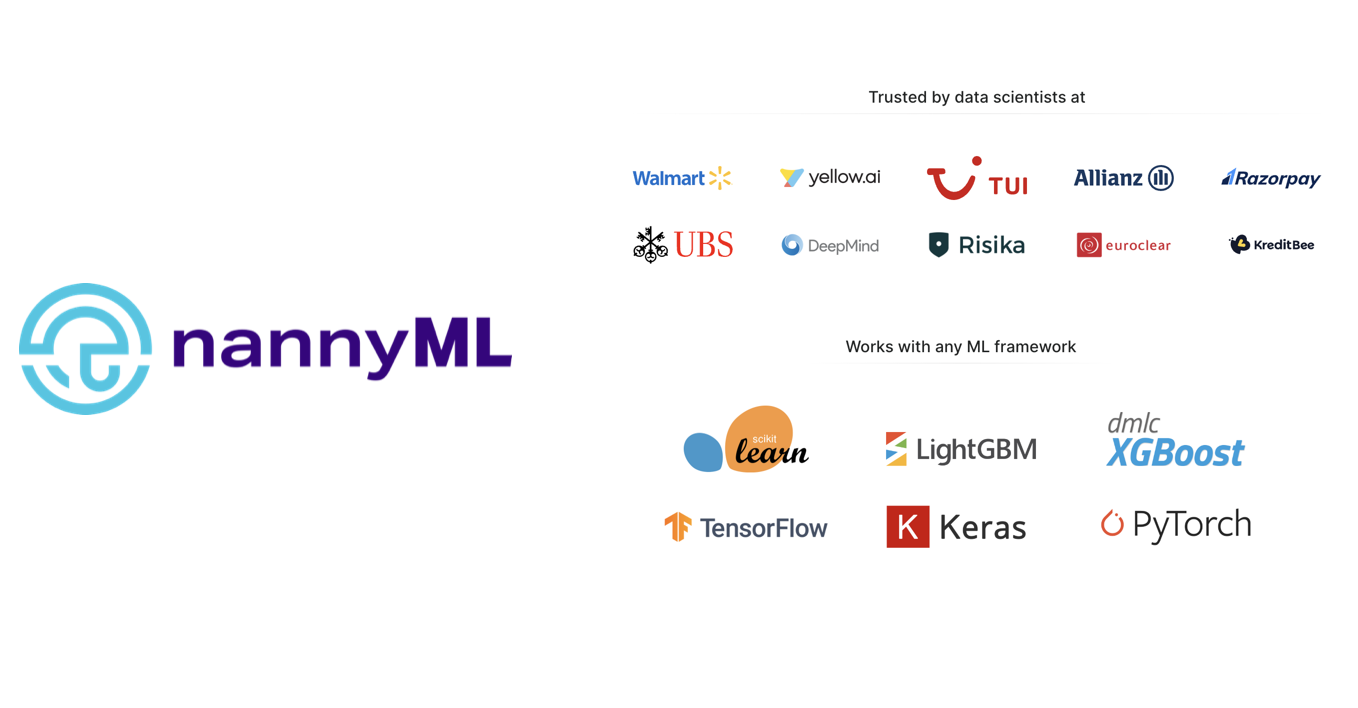 The image shows the NannyML logo and companies that use NannyML, like Walmart, Allianz, UBS, or DeepMind. Also, it shows the information that NannyML works with any framework.