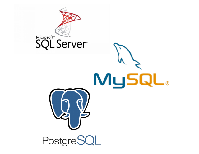 Image containing MS SQL Server, MySQL, and PostgreSQL logos.