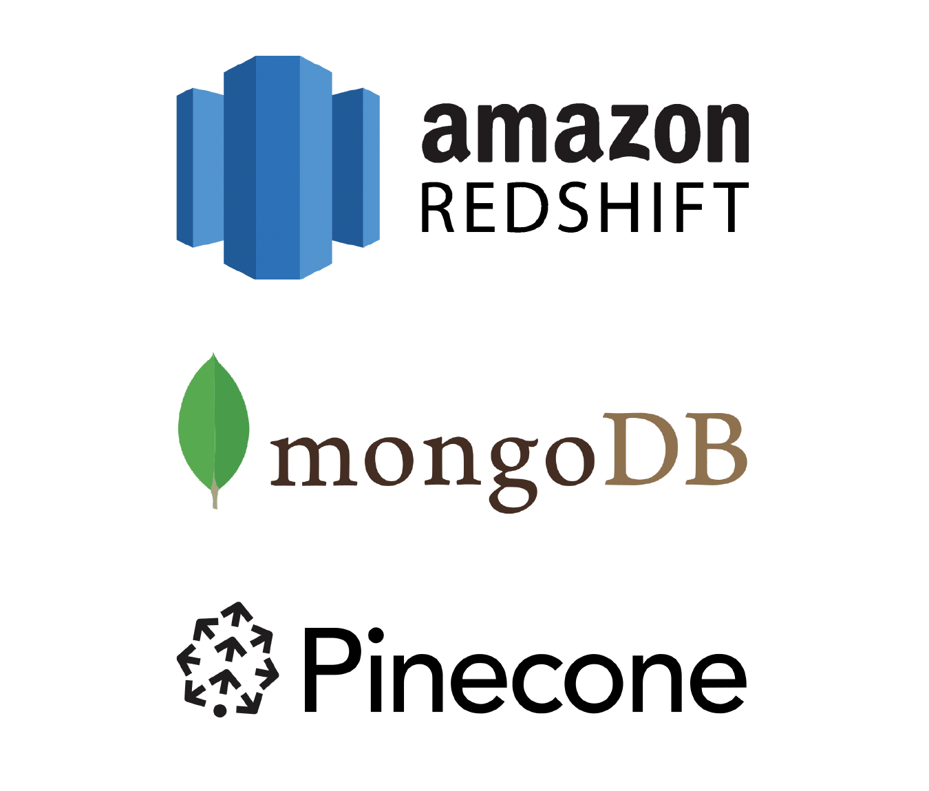 Redshift, MongoDB, and Pinecone logo.