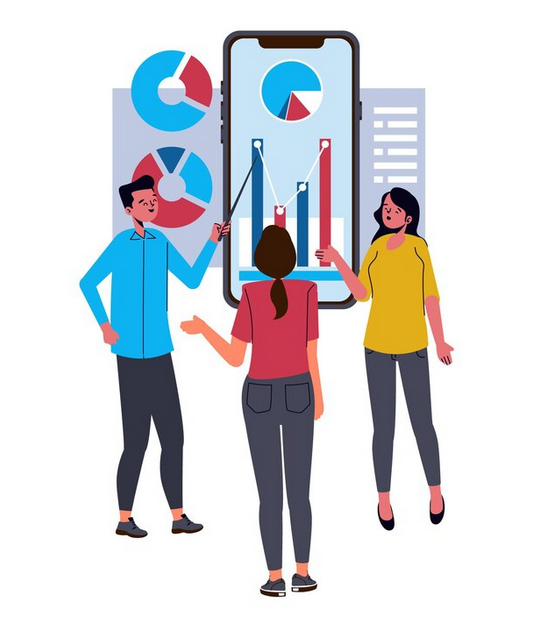 A group of individuals gathered around a phone displaying graphs.