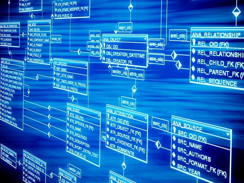 A blue screen with a blue background and a blue diagram representing a sample data model.