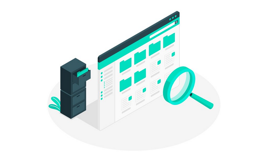 Enlarged computer screen with magnifying glass in front of it and file cabinet behind it, representing digital categorization and data retrieval.