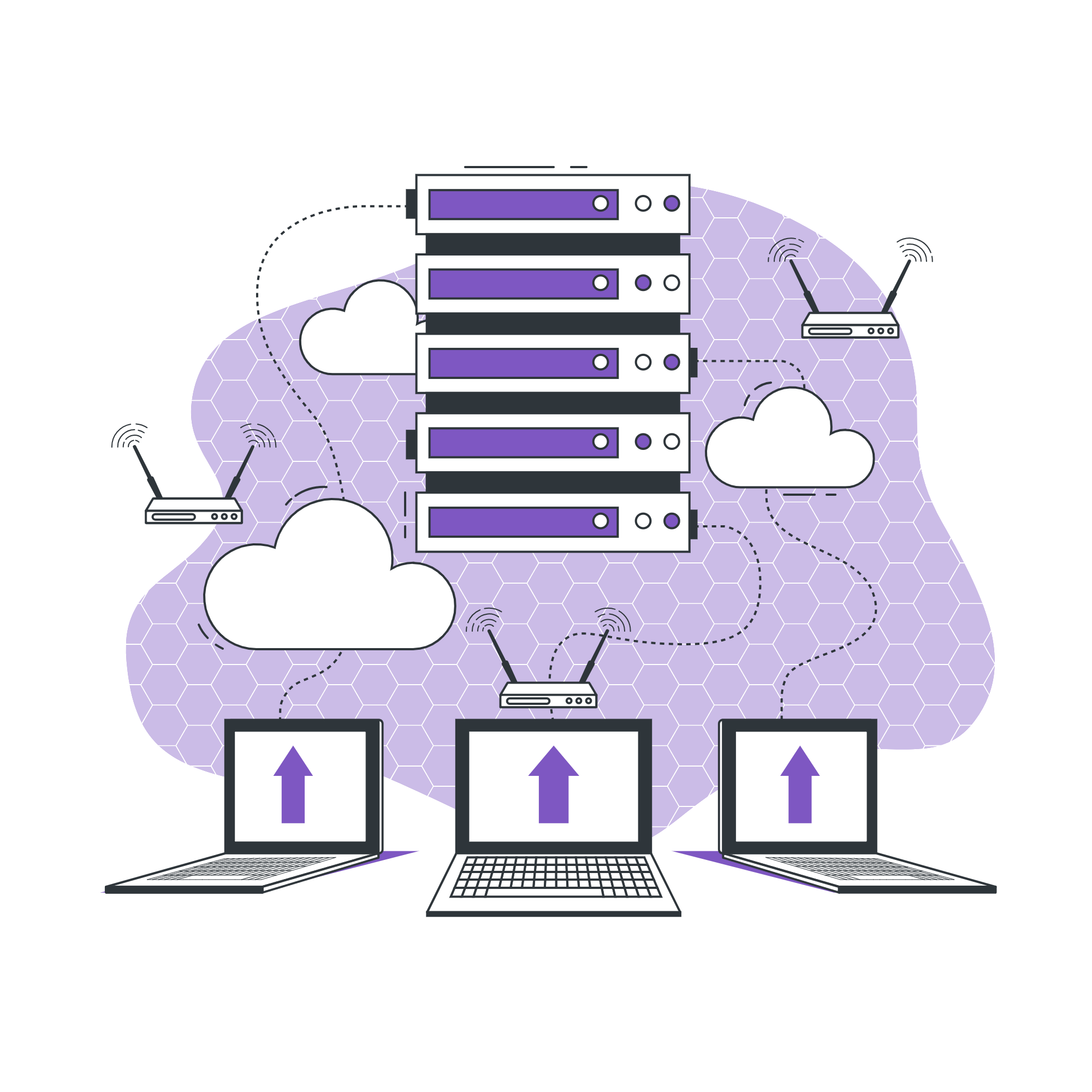 Multiple laptops arranged, with cloud logos above them and a database image with dotted lines showing connectedness.