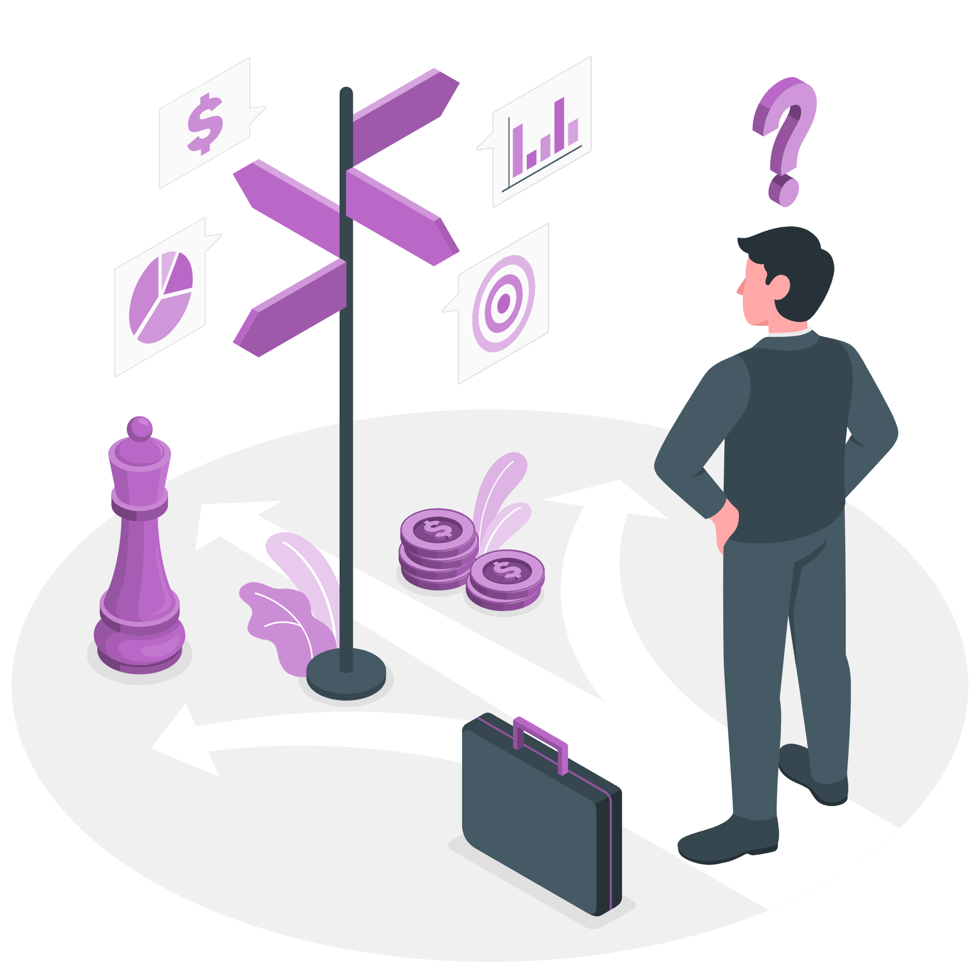A man stands before a sign post with 4 arrows pointing to different directions suggesting alternative options.
