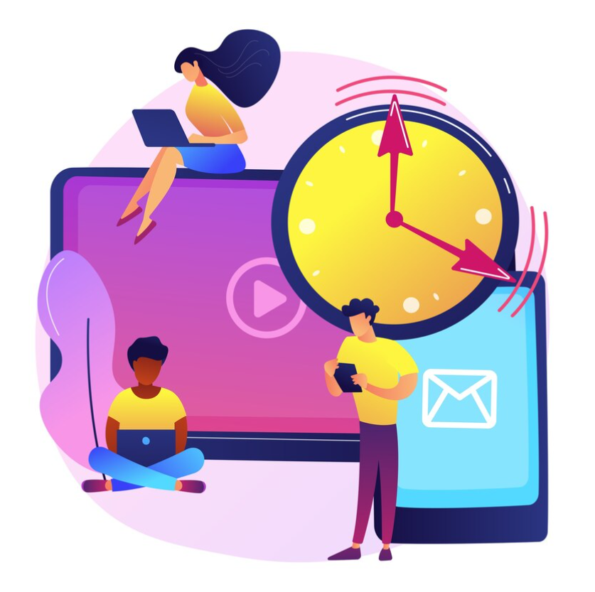 People sitting or standing next to a magnified laptop, clock and mobile phone looking at their digital devices.