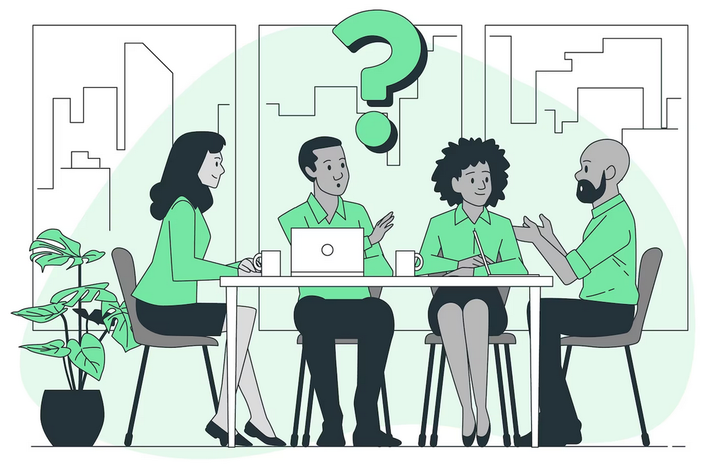 A diverse group of individuals gathered around a table, pondering a question mark symbolizing curiosity.