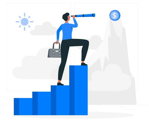 An animated businessman looking into the horizon using a monocular telescope, while standing on a staircase.